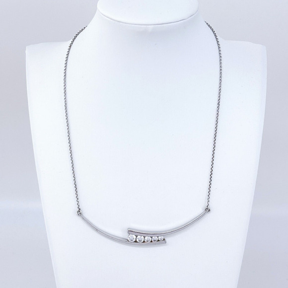 Vintage Ross Simons Sterling Silver 925 Cubic Zirconia Curved Bar Necklace 17" - Picture 1 of 5
